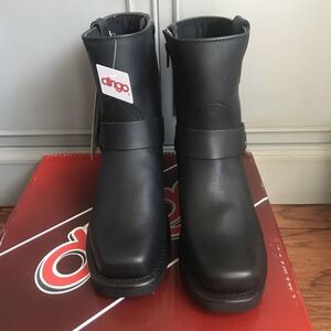 Dingo Mens Leather Boots Black Zip Harness Strap Leather 7D Square Toe New